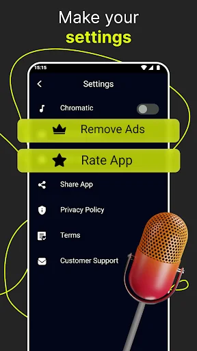 Guitar Tuner app settings menu with Chromatic mode, Remove Ads, Rate App, Share, Privacy Policy, and Customer Support