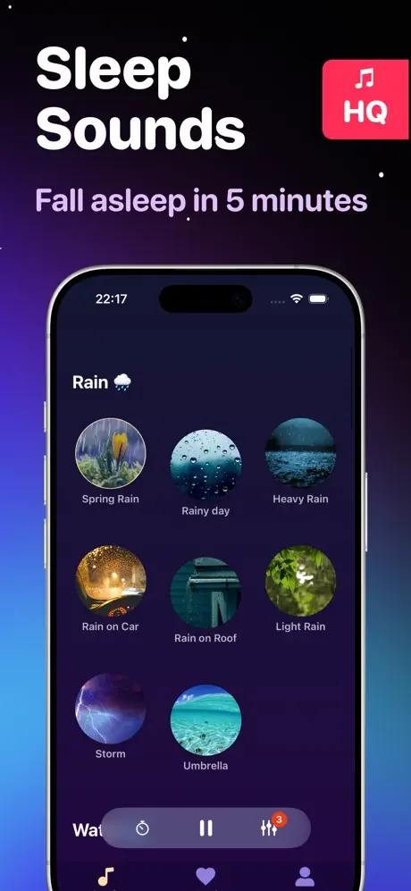 Sleep Sounds app showing rain sound selections including Spring Rain, Rainy day, and Heavy Rain for quick sleep assistance