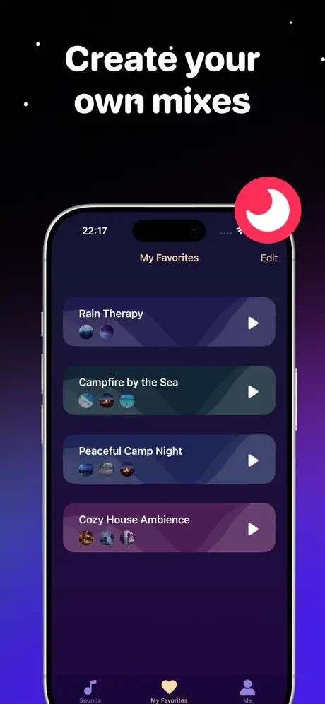 My Favorites sleep mixes collection displaying Rain Therapy, Campfire by the Sea, Peaceful Camp Night, and Cozy House Ambience