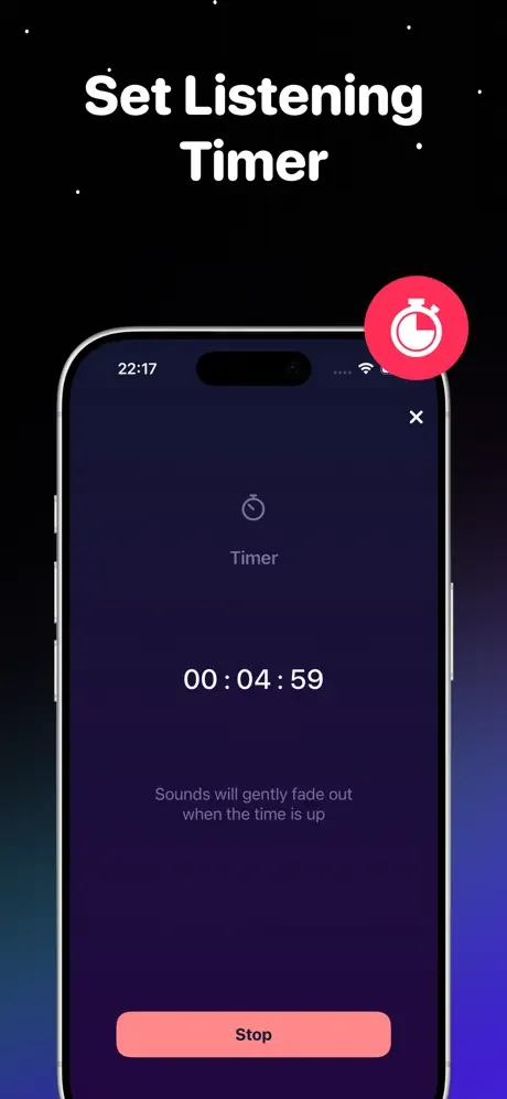 Sleep timer interface displaying 4 minutes 59 seconds with gentle fade-out feature and stop button for sleep scheduling