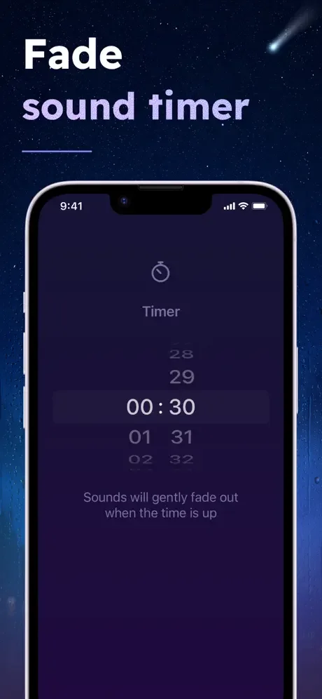 Sleep sound timer feature with 30-minute fade-out setting to gradually reduce audio volume when timer completes