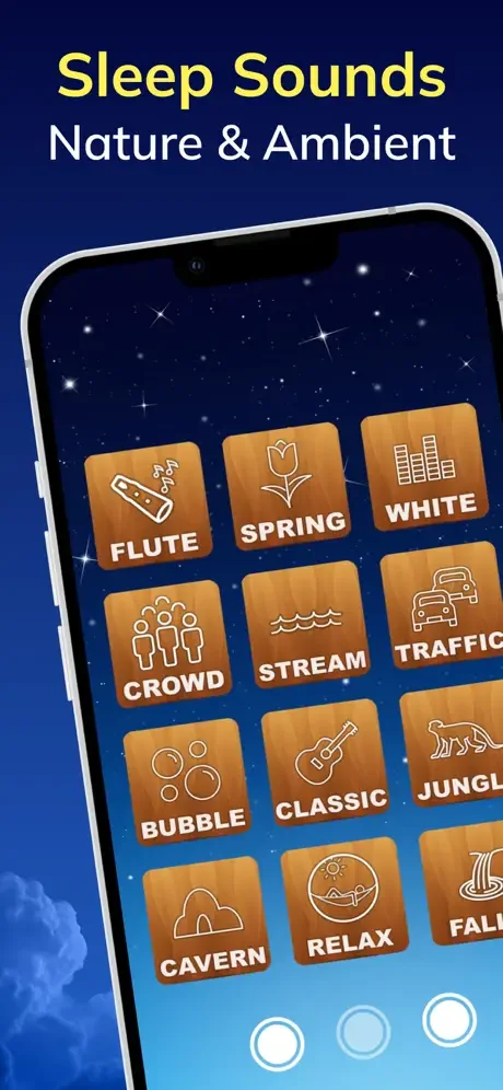 Sleep Sounds home screen showing nature and ambient sound categories including flute, spring, stream, and relax options