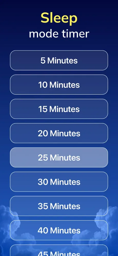 Sleep Sounds app sleep mode timer feature with duration options ranging from 5 to 45+ minutes for sleep sound playback