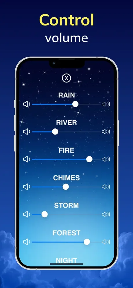 Sleep Sounds app volume control with individual sliders for rain, river, fire, chimes, storm, forest, and night sounds