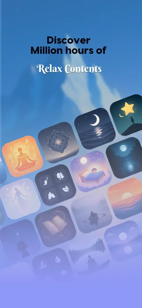 Sleepy Sounds content discovery interface featuring colorful grid of relaxation content tiles including meditation, sleep scenes, and nature sounds for stress relief and better sleep