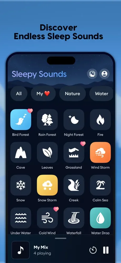 Sleepy Sounds nature sounds library with filterable categories including Bird Forest, Rain Forest, Night Forest, Fire, Cave, Leaves, Grassland, Wind Storm, Snow, Creek, Calm Sea, Waterfall and more
