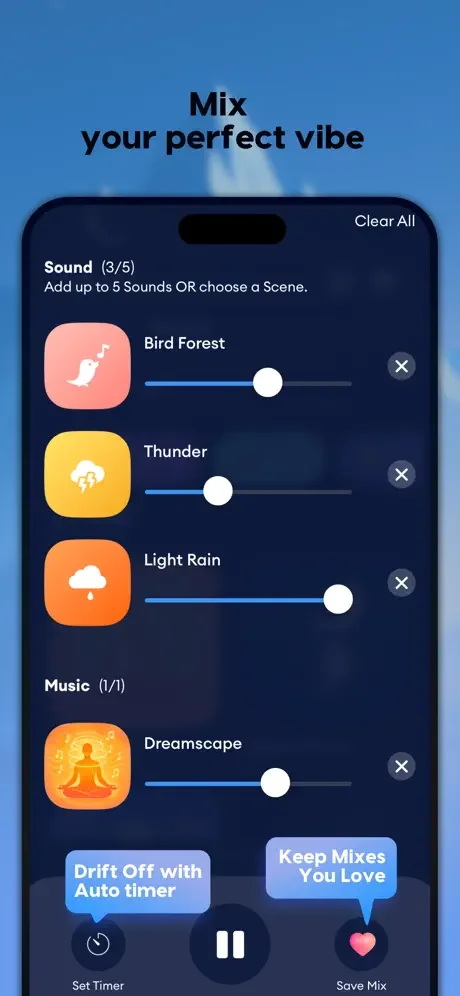 Sound mixer interface for creating custom sleep mixes allowing users to combine up to 5 sounds with volume controls, featuring Bird Forest, Thunder, Light Rain and Dreamscape with auto timer option