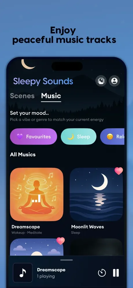 Sleepy Sounds music tab showing peaceful meditation and sleep music tracks like Dreamscape and Moonlit Waves with mood-based filtering for Favorites, Sleep and Relax categories