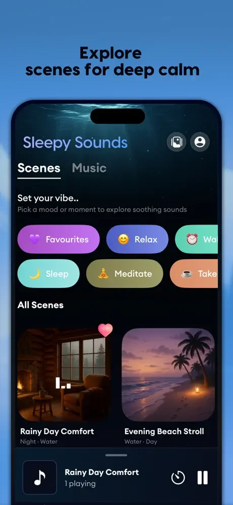 Sleepy Sounds immersive scenes tab featuring calming ambient environments like Rainy Day Comfort and Evening Beach Stroll with mood filters for Sleep, Relax, Meditation and Wellness