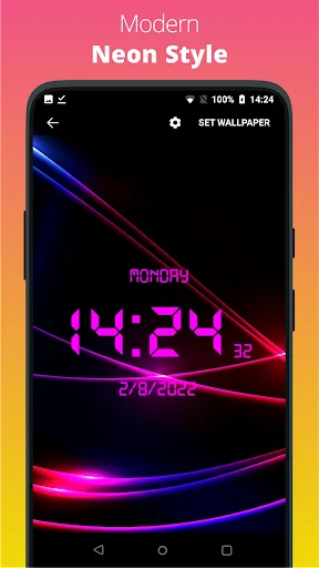 Modern Neon Style LED digital clock with magenta glow effect displaying 04:24 time and colorful neon background