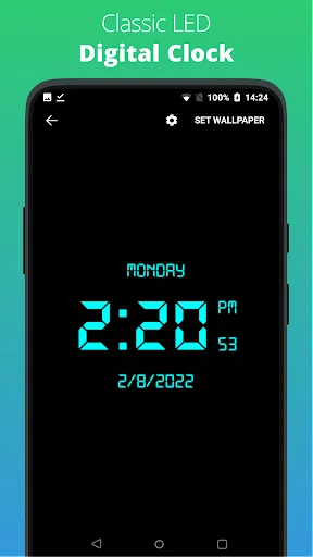 Classic LED Digital Clock with cyan turquoise numbers displaying 2:20 PM and seconds on dark background