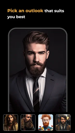Men's appearance customization showing multiple hairstyle and look variations for formal jacket photo editing
