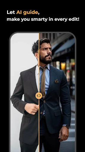 AI-guided men's fashion editor showing formal jacket styling with tie matching and professional photo editing