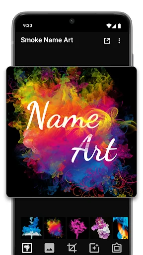 Smoke Name Art Maker main interface displaying vibrant multicolored smoke effect background with text art and effect preset options