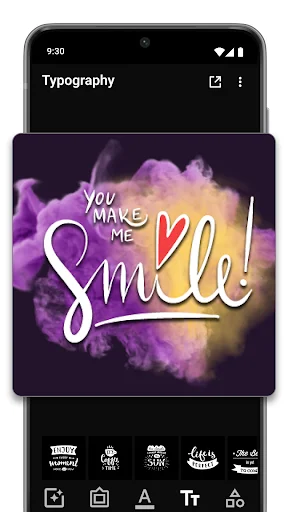 Typography tab showing 'You Make Me Smile' text with purple and yellow smoke effects, with typography style preset options below