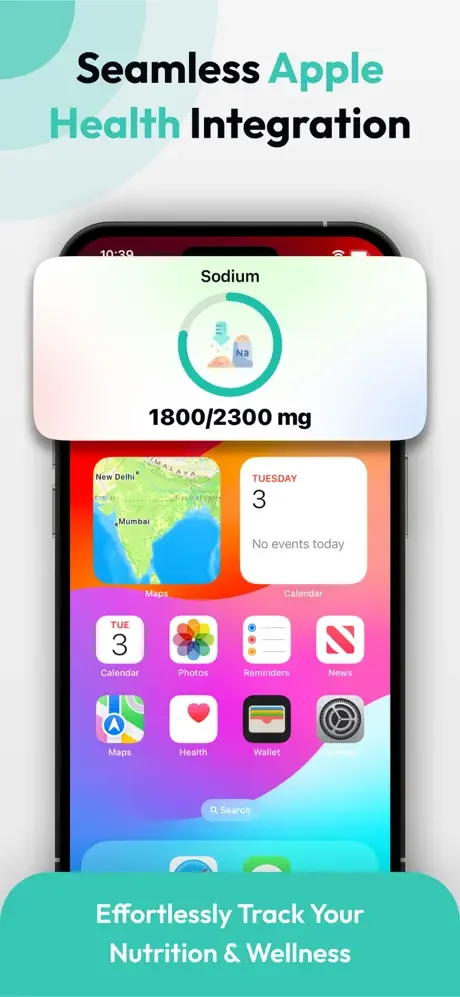 Sodium Tracker app integrated with Apple Health showing 1800 of 2300 mg daily sodium intake monitoring