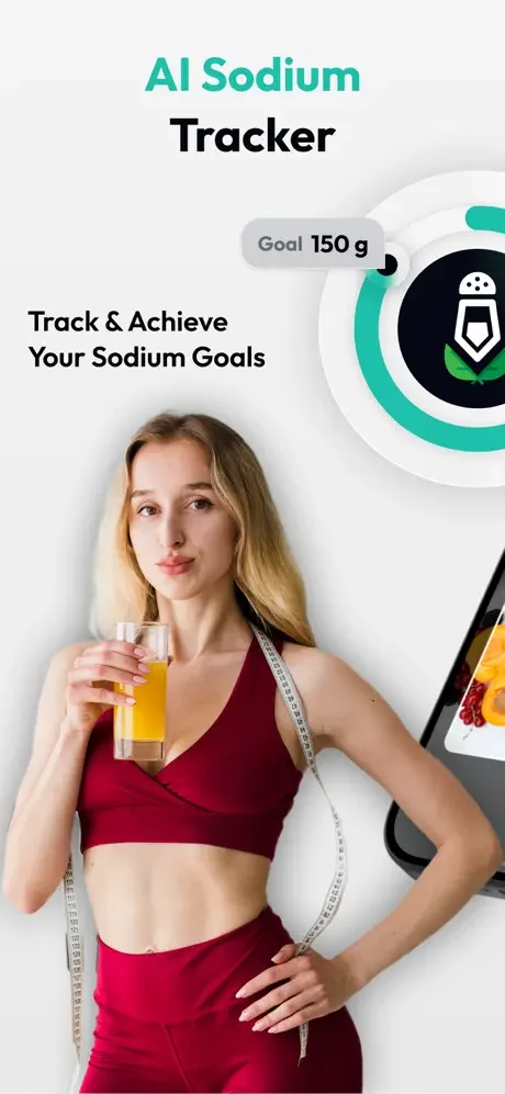 AI Sodium Tracker app with goal setting feature displaying 150g sodium goal and health tracking interface