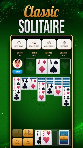 Solitaire Klondike Classic game board with card tableau, foundations, and stock pile on green felt table with score counter