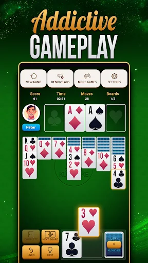 Active Solitaire Klondike gameplay showing tableau with visible three of hearts card and real-time score tracking