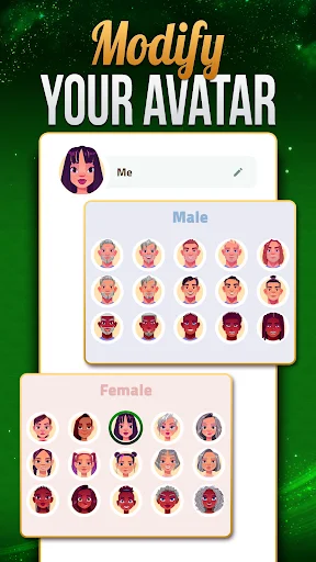 Avatar customization screen for Solitaire with selectable male and female character avatars in multiple styles