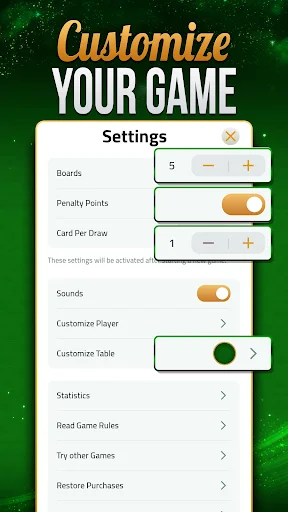 Solitaire Klondike settings menu with customizable options for boards, penalty points, cards per draw, and sounds