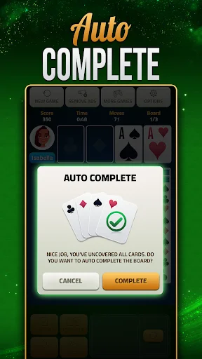 Auto complete confirmation dialog for Solitaire Klondike showing remaining card suits and completion options