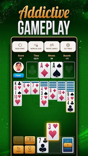 Active Solitaire Klondike gameplay showing tableau with visible three of hearts card and real-time score tracking