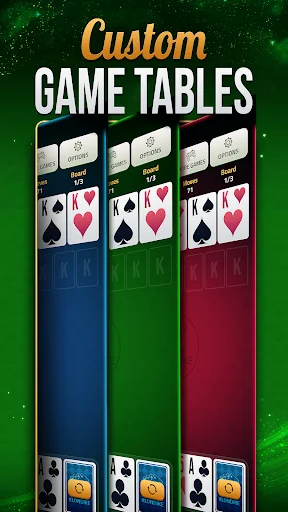 Custom Solitaire game tables in three color options: blue, green, and red with difficulty levels and preview cards