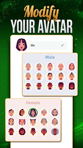 Avatar customization screen for Solitaire with selectable male and female character avatars in multiple styles