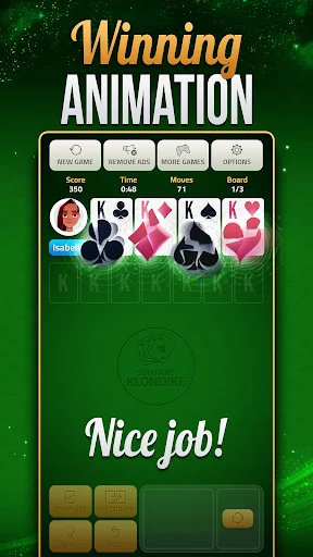 Winning screen for Solitaire Klondike showing Nice job congratulations message and final game statistics