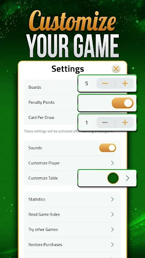 Solitaire Klondike settings menu with customizable options for boards, penalty points, cards per draw, and sounds