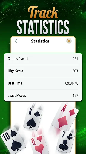 Solitaire Klondike statistics tracker showing games played 251, high score 603, best time, and least moves 197