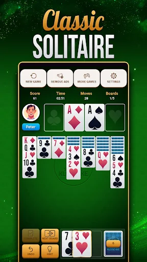 Solitaire Klondike Classic game board with card tableau, foundations, and stock pile on green felt table with score counter