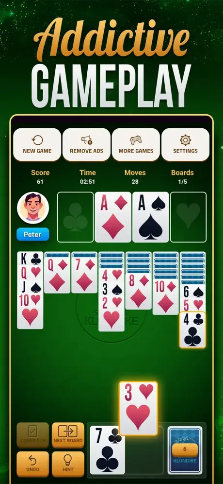 Solitaire Klondike gameplay with highlighted card selection showing interactive tableau piles and foundation piles for card placement strategy