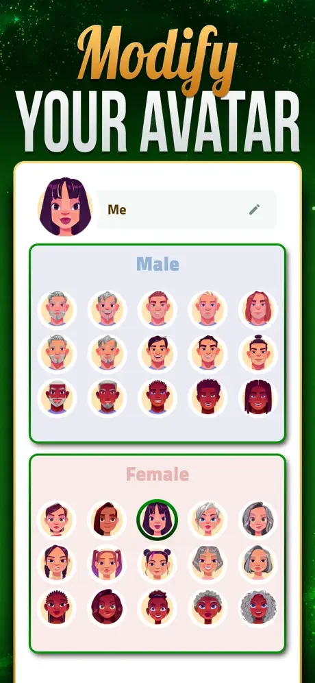 Avatar customization menu for player profile showing male and female character options with different skin tones and hairstyles to choose from