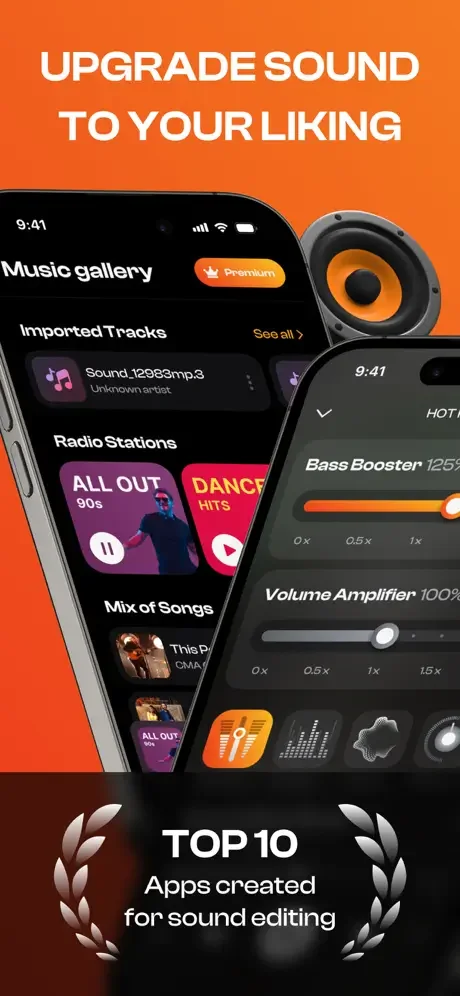 Bass Booster & Sound Equalizer main interface showing music gallery, imported tracks, radio stations, Bass Booster and Volume Amplifier controls with dark theme and orange accents