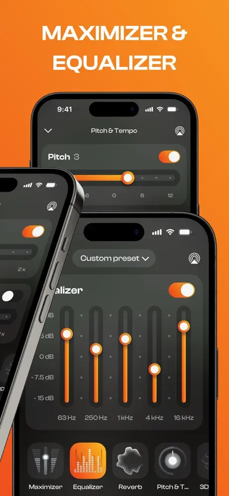 Equalizer and Maximizer interface displaying Pitch & Tempo slider controls, 10-band equalizer with frequency sliders from 63Hz to 16kHz, and custom preset options for audio adjustment