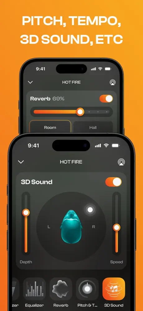 Advanced audio effects screen featuring Reverb settings with room options, 3D Sound spatial audio control with depth and speed adjustment, and interactive 3D visualization