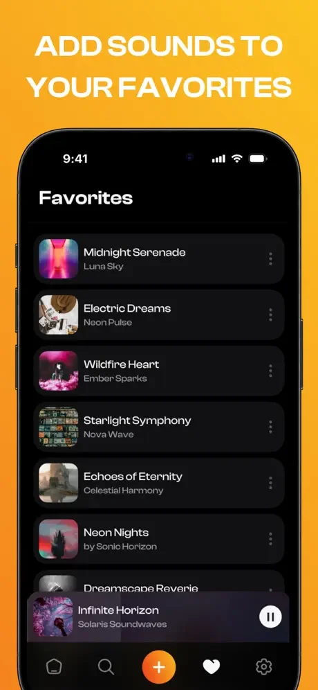 Favorites music collection screen displaying saved songs by various artists with album artwork, accessible through bottom navigation with add, search, and settings options