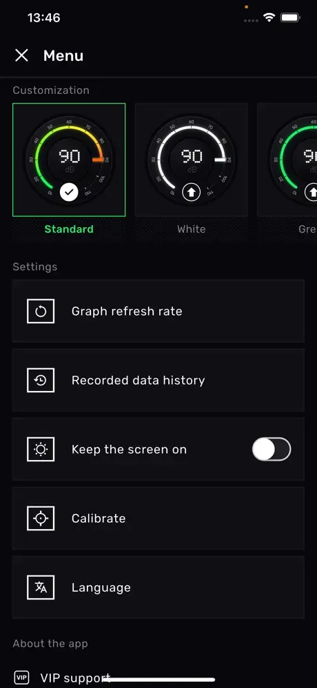 Sound Meter menu with customizable gauge themes, settings for graph refresh rate, history tracking, screen, calibration, and language options