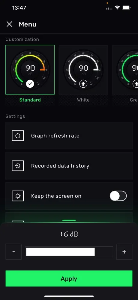 Sound Meter calibration adjustment screen with dB offset slider showing +6 dB adjustment and apply button for measurement fine-tuning