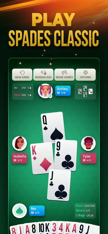 Spades Classic card game offline with 4 players, showing hand cards, scores, and game controls