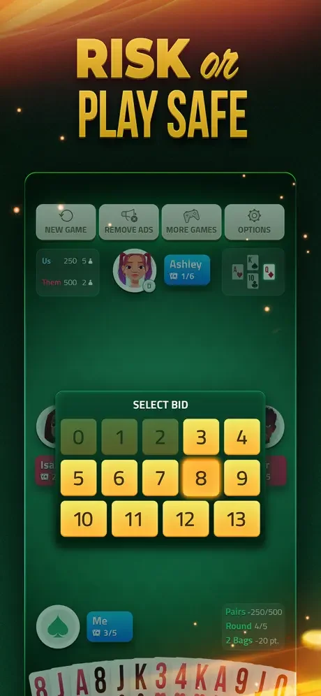 Spades bidding screen with numbered buttons 0-13 to select your bid amount for each round