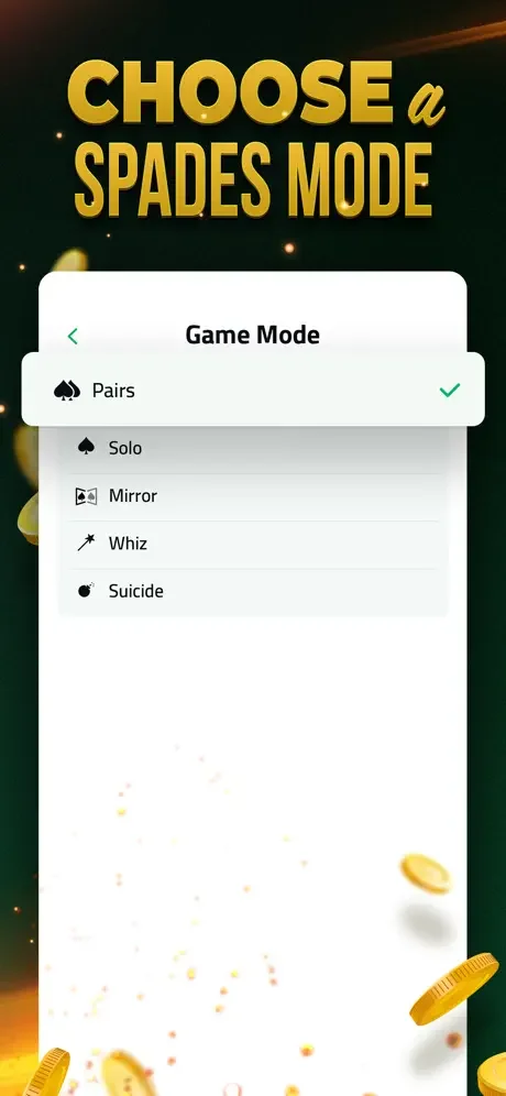 Spades card game modes menu selecting between Pairs, Solo, Mirror, Whiz, and Suicide variants