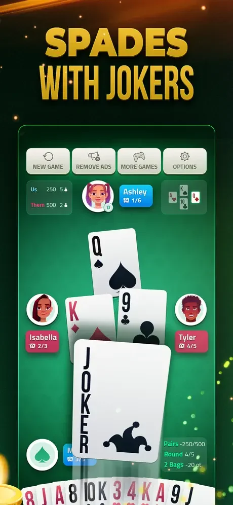 Spades card game with joker cards variant showing 4-player offline multiplayer gameplay setup