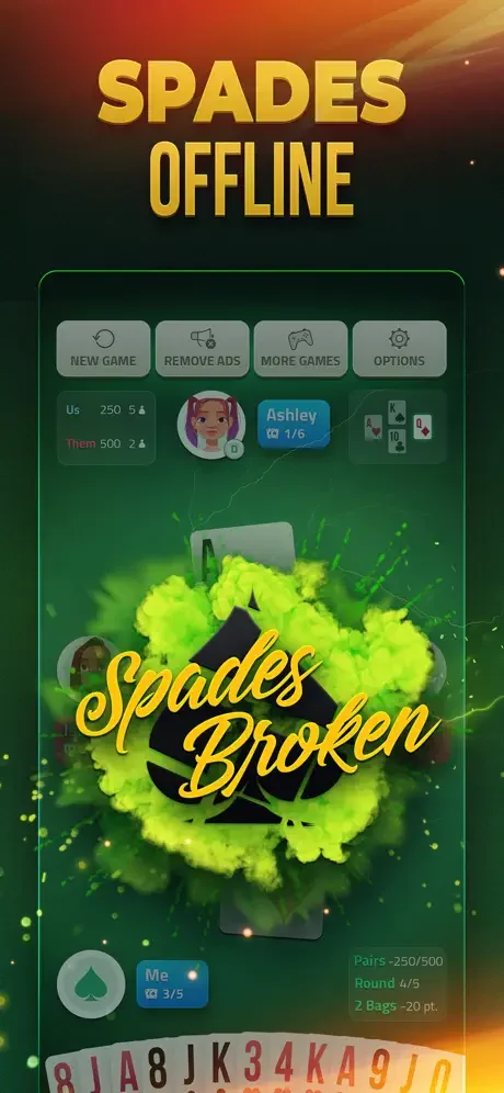 Spades Offline card game interface with neon green effects and broken game state display
