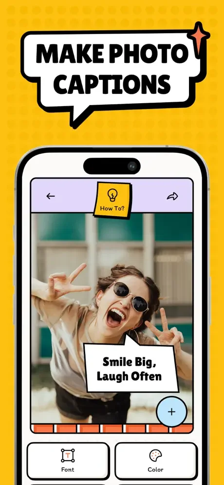 Customizable photo caption editor with Font and Color options and plus button to add multiple speech bubbles to your pictures