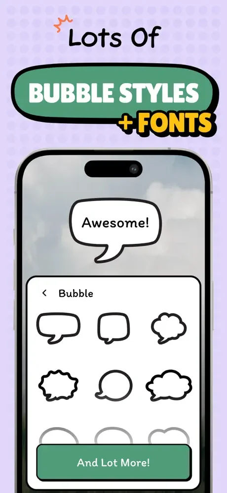 Speech bubble shapes including rectangular, round, cloud, and jagged options with more styles available for photo captioning