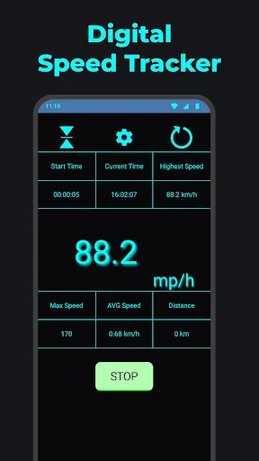Digital GPS speedometer showing 88.2 mph with trip timer, current speed, and highest speed tracking statistics