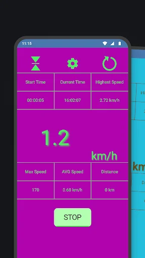 GPS speedometer app with multiple color theme options in magenta, cyan, beige, and yellow